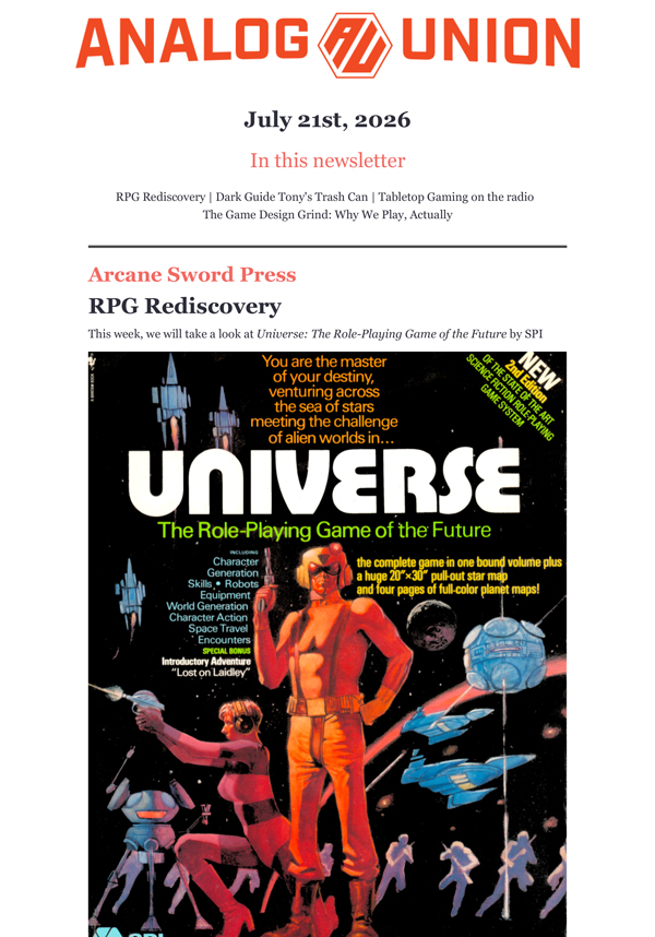 Tuesday, July 21st – SPI’s Universe, ’90s cyberpunk finds, gaming on the radio, and what is “exegetic actual play?”